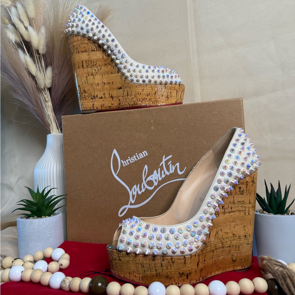 Christian Louboutin White and Multicolor Studded Wedges